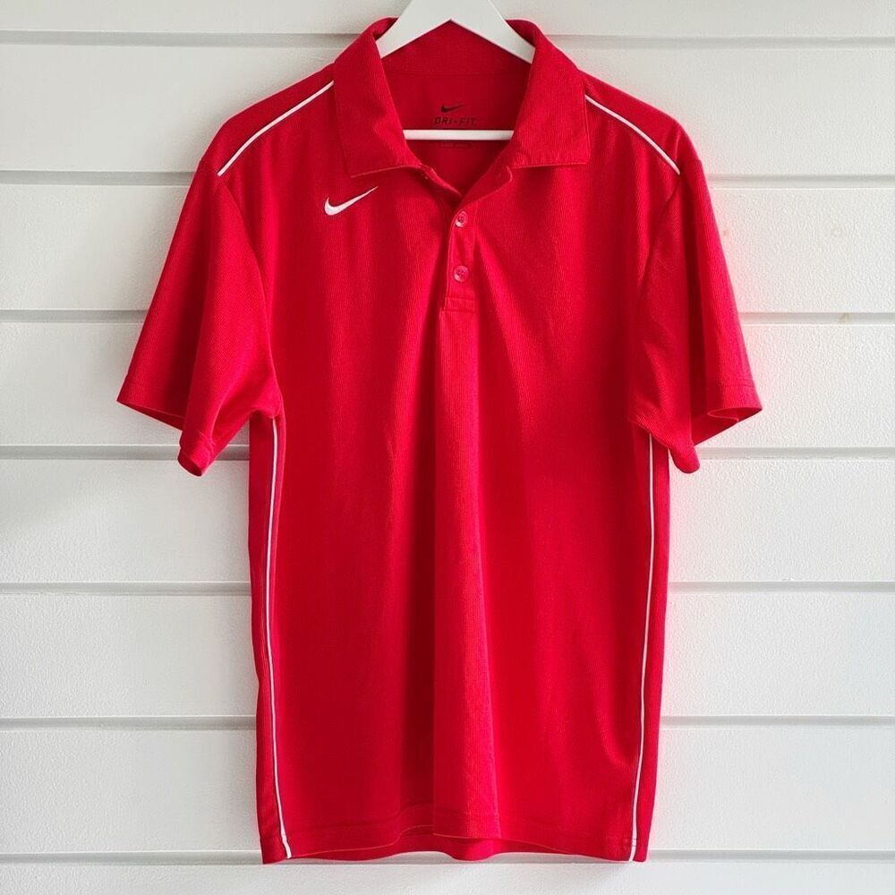 Nike Dri-fit Mens Red Short Sleeve Ribbed Swoosh Logo Golf Polo Shirt Size Small
